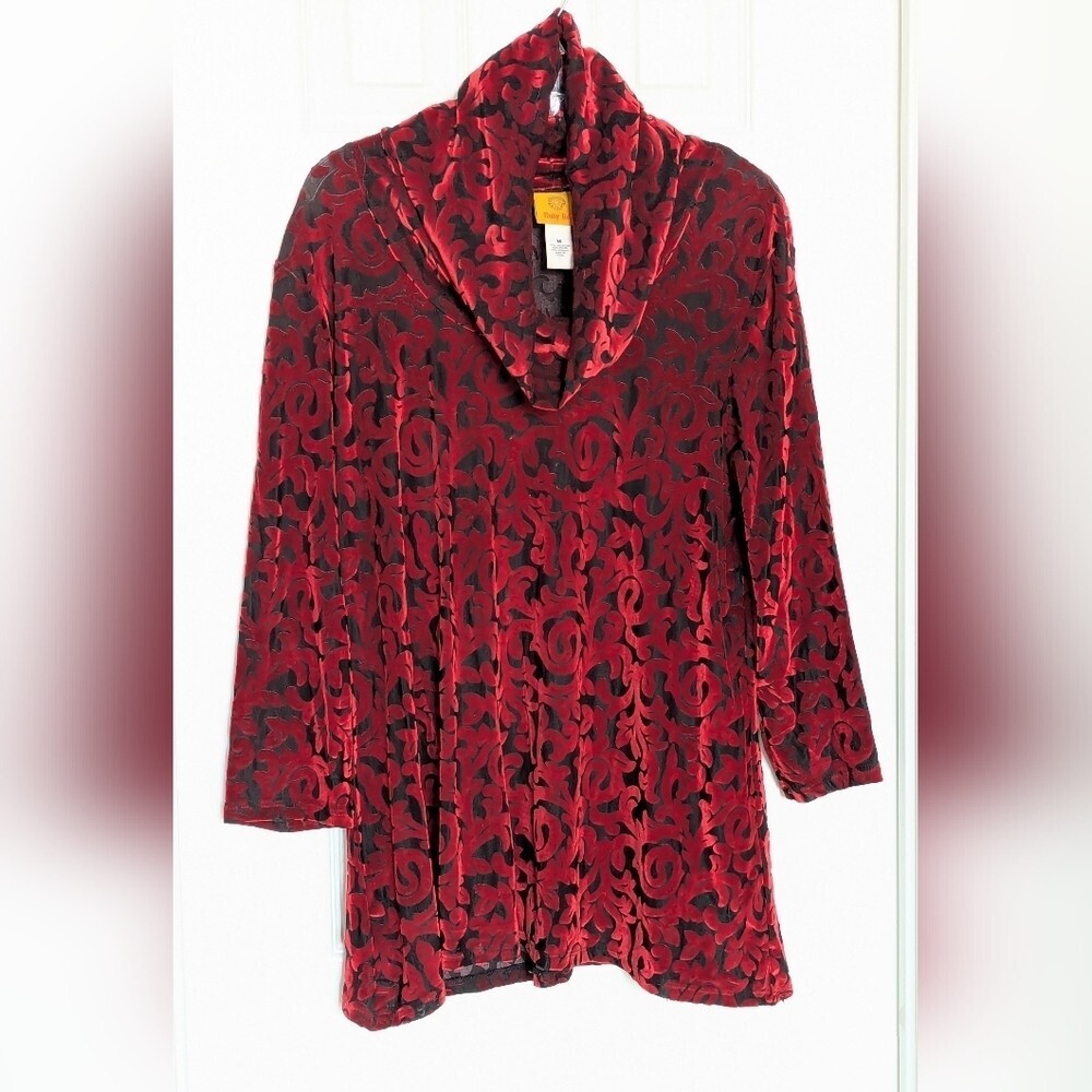 Ruby Rd. Women's Black Mesh & Red Crushed Velvet Cowl Neck Top/Tunic